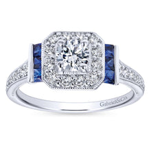 Load image into Gallery viewer, Gabriel Bridal Collection White Gold Diamond Halo and Side Sapphire Engagement Ring with Milgrain Detailing (0.4 ctw)
