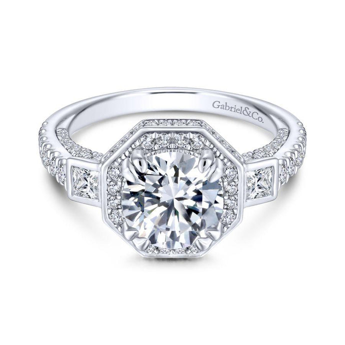 Gabriel Art Deco Collection White Gold 3-Stone Halo Engagement Ring (0.98 CTW)