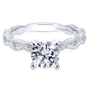 Gabriel Bridal Collection White Gold Diamond Straight Filigree Engagement Ring with Round Center (0.13 ctw)