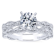Load image into Gallery viewer, Gabriel Bridal Collection White Gold Diamond Straight Filigree Engagement Ring with Round Center (0.13 ctw)