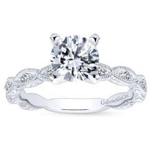 Load image into Gallery viewer, Gabriel Bridal Collection White Gold Diamond Straight Filigree Engagement Ring with Round Center (0.13 ctw)