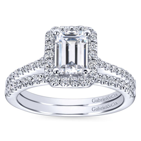 Gabriel Bridal Collection White Gold Emerald Cut Diamond Halo Engagement Ring with Diamond Accent Shank (0.28 ctw)