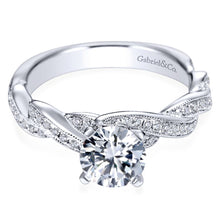 Load image into Gallery viewer, Gabriel Bridal Collection White Gold Diamond Milgrain Diamond Accent Criss Cross Engagement Ring (0.29 ctw)