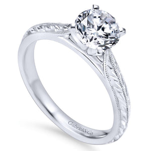 Gabriel Bridal Collection White Gold Straight Engagement Ring with Hand Etching and Milgrain Detailing