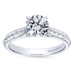 Gabriel Bridal Collection White Gold Straight Engagement Ring with Hand Etching and Milgrain Detailing
