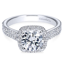 Load image into Gallery viewer, Gabriel Bridal Collection White Gold Diamond Round Halo Engagement Ring with Double Diamond Accent Shank (0.45 ctw)