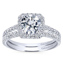Load image into Gallery viewer, Gabriel Bridal Collection White Gold Petite Diamond Halo Engagement Ring and French Diamond Accent Shank (0.45 ctw)