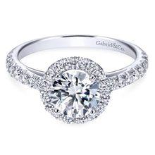 Load image into Gallery viewer, Gabriel Bridal Collection White Gold Round Diamond Halo Engagement Ring with Diamond Accent Shank (0.57 ctw)