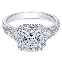 Load image into Gallery viewer, Gabriel Bridal Collection White Gold Halo and Diamond Accent Split Shank Diamond Engagement Ring (0.57 ctw)