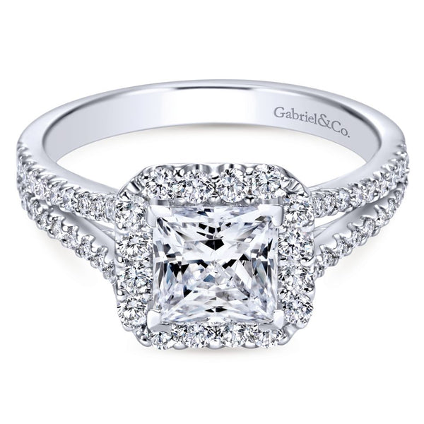 Gabriel Bridal Collection White Gold Halo and Diamond Accent Split Shank Diamond Engagement Ring (0.57 ctw)