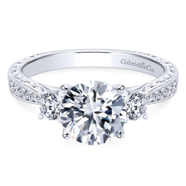 Gabriel Bridal Collection White Gold Diamond Channel and Hand Cut Etching 3 Stones Engagement Ring (0.39 ctw)