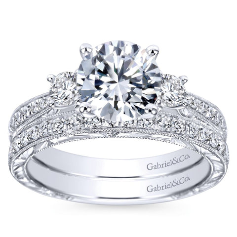 Gabriel Bridal Collection White Gold Diamond Channel and Hand Cut Etching 3 Stones Engagement Ring (0.39 ctw)