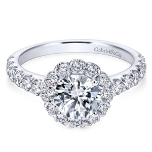 Gabriel Bridal Collection White Gold Round Diamond Halo Engagement Ring with Bold Diamond Accent Shank (0.84 ctw)