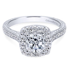 Load image into Gallery viewer, Gabriel Bridal Collection White Gold Diamond Halo Engagement Ring on a Channel and Milgrain Shank (0.75 ctw)