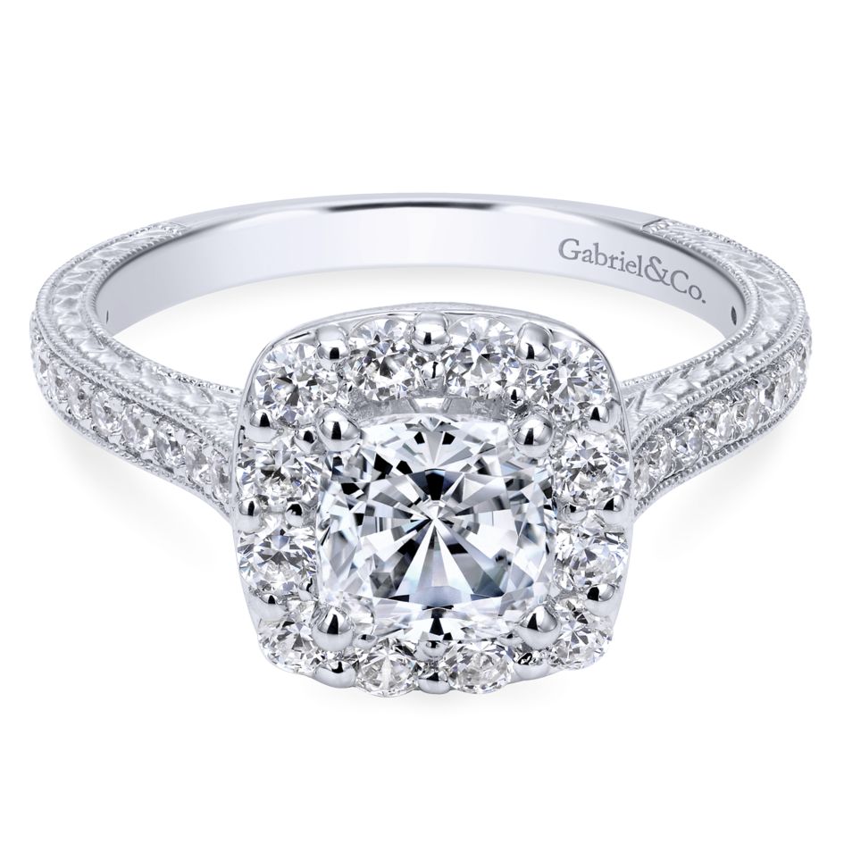 Gabriel Bridal Collection White Gold Diamond Halo Engagement Ring on a Channel and Milgrain Shank (0.75 ctw)