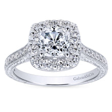 Load image into Gallery viewer, Gabriel Bridal Collection White Gold Diamond Halo Engagement Ring on a Channel and Milgrain Shank (0.75 ctw)