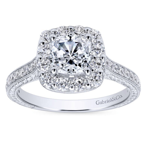 Gabriel Bridal Collection White Gold Diamond Halo Engagement Ring on a Channel and Milgrain Shank (0.75 ctw)