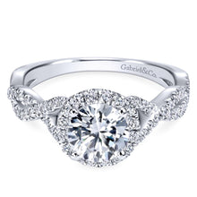 Load image into Gallery viewer, Gabriel Bridal Collection White Gold Halo and Twisted Diamond Diamond Accent Shank Engagement Ring (0.42 ctw)