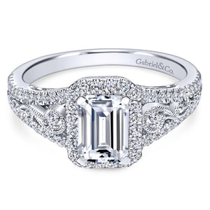 Gabriel Bridal Collection White Gold Diamond Emerald Cut Diamond Accent Halo Engagement Ring and Filigree Setting (0.49 ctw)