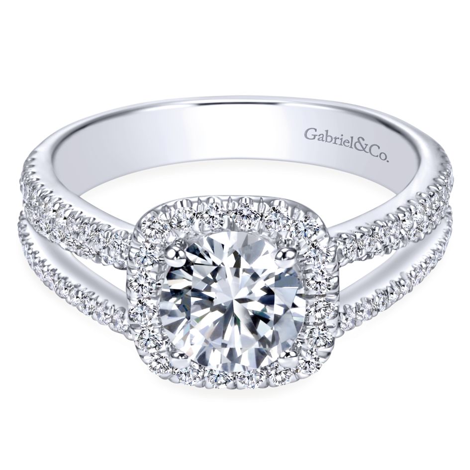 Gabriel Bridal Collection White Gold Round Diamond Halo Diamond Accent Split Shank Engagement Ring (0.55 ctw)