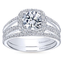 Load image into Gallery viewer, Gabriel Bridal Collection White Gold Round Diamond Halo Diamond Accent Split Shank Engagement Ring (0.55 ctw)