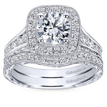 Load image into Gallery viewer, Gabriel Bridal Collection White Gold Diamond Halo Channel and Milgrain Engagement Ring (0.85 ctw)