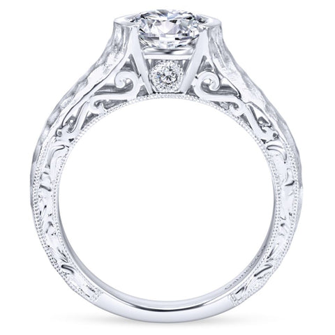Gabriel Bridal Collection White Gold Diamond Filigree Solitaire Engagement Ring with Hammered Shank (0.04 ctw)