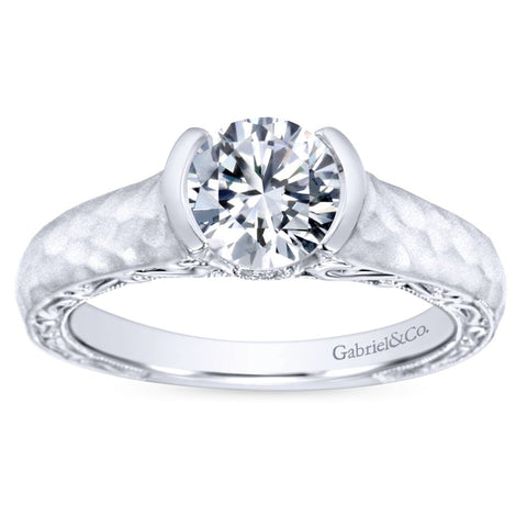 Gabriel Bridal Collection White Gold Diamond Filigree Solitaire Engagement Ring with Hammered Shank (0.04 ctw)