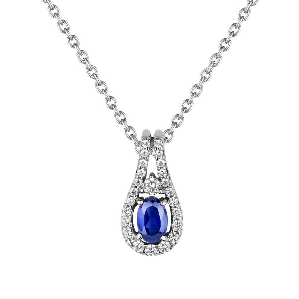 Oval Blue Sapphire & Diamond Halo Pendant Necklace 14k White Gold