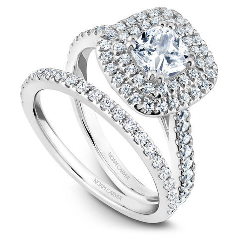 Noam Carver White Gold Cushion Diamond Engagement Ring Setting with Double Halo (0.50 CTW)